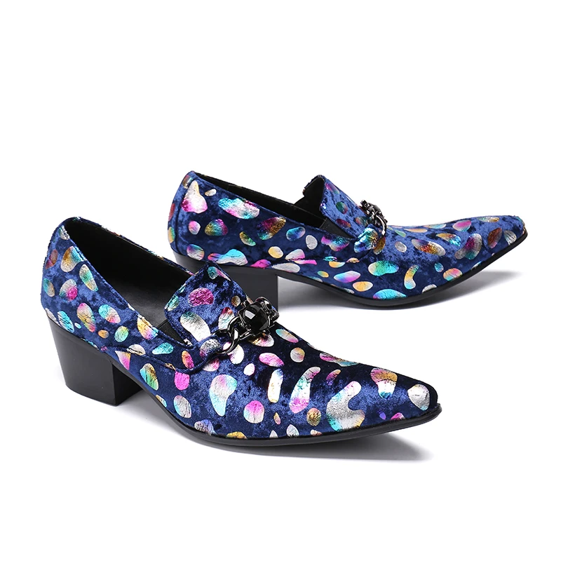 Pointed Toe Printing Leather Wedding Dress Shoes Men High Heels Mens Trendy Party Height Increase Shoes Singer Dancer Work Shoes