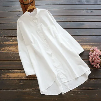 

7345 New Spring Women Long Shirt Mori Girl Turndown Collar Long Sleeve Loose Cotton Casual Blouse