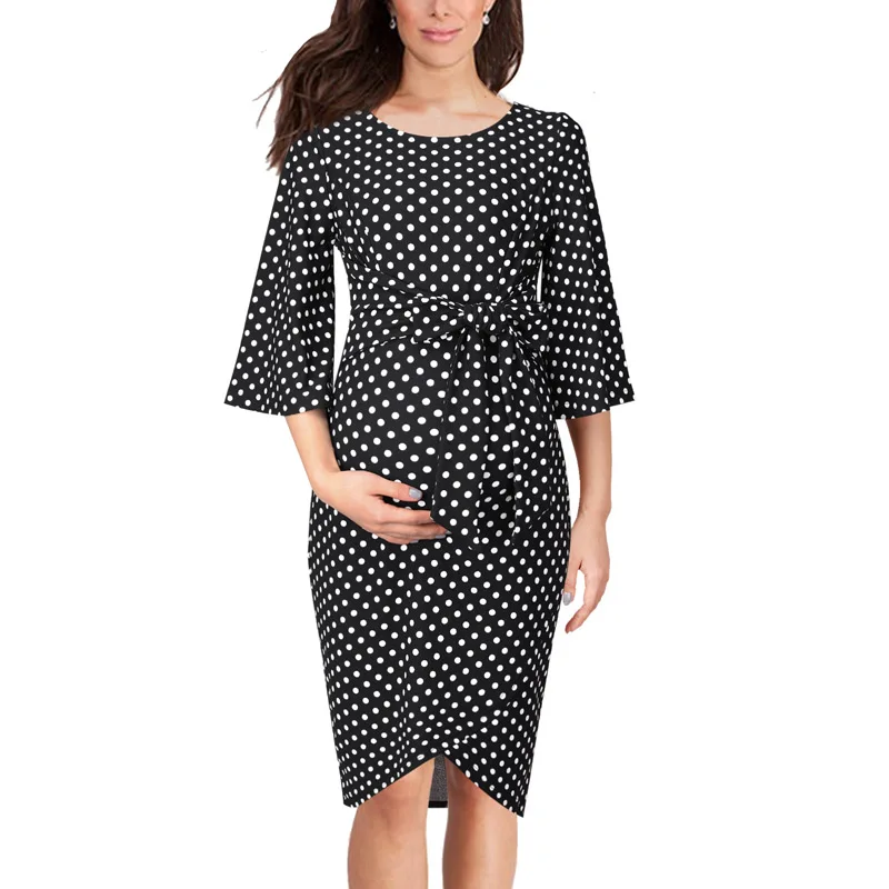 

Vfemage Womens Mama Maternity Nursing Bell Sleeve Belted Tie Bow Polka Dot Print Front Zipper High Waist Pregant Tulip Dress 045