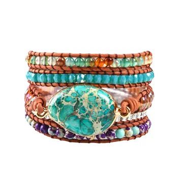 

High End Women Bracelets Gilded Natural Stones Vintage Leather Wrap Bracelet Girl Beach Holiday Bracelets Femme Dropshipping