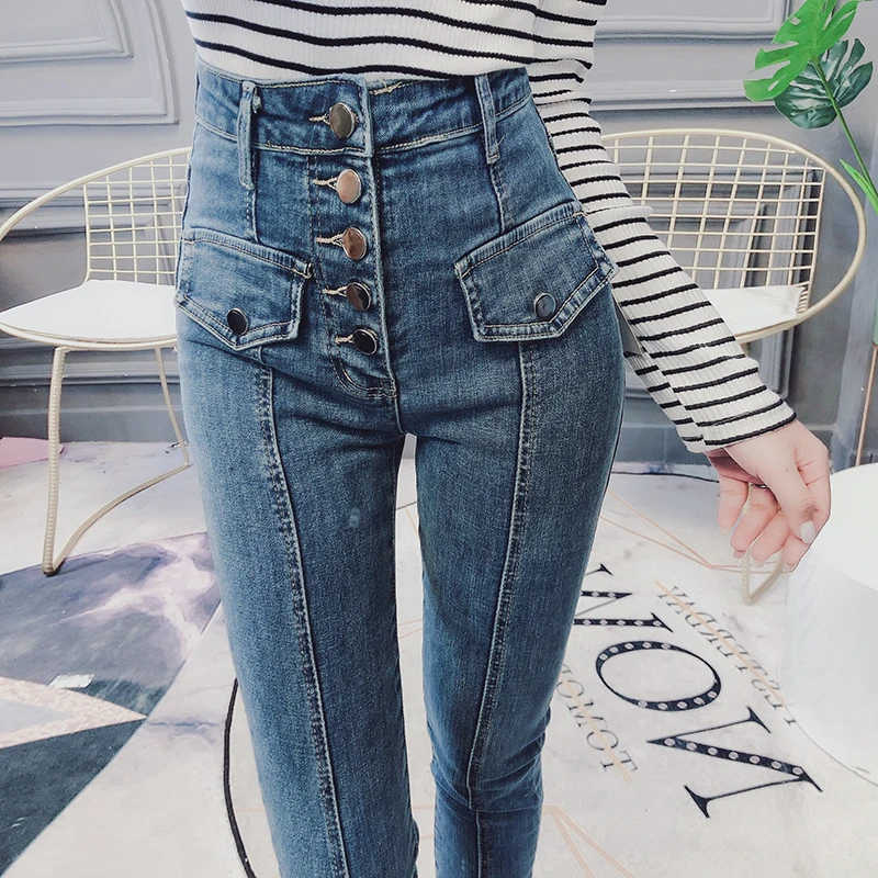 

plus size 26-32!Women single breasted Pencil Pants Stretch Jeans High Waist Women skinny pencil jeans
