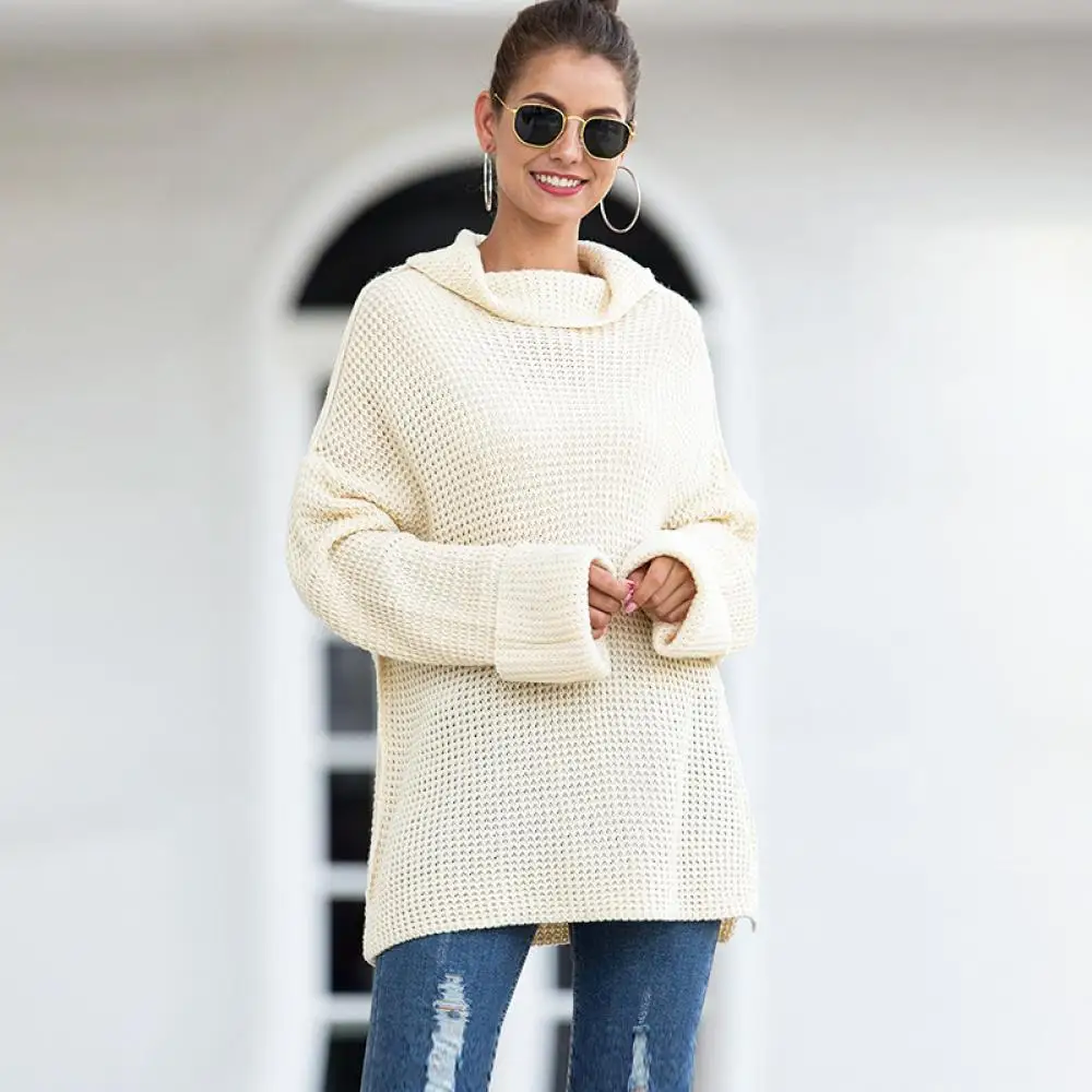 

Women'S 2020 Spring Autumn Casual Knitted turtleneck Strapless Sweater Fashion Solid color long Sleeve Pullover Knitted Loose