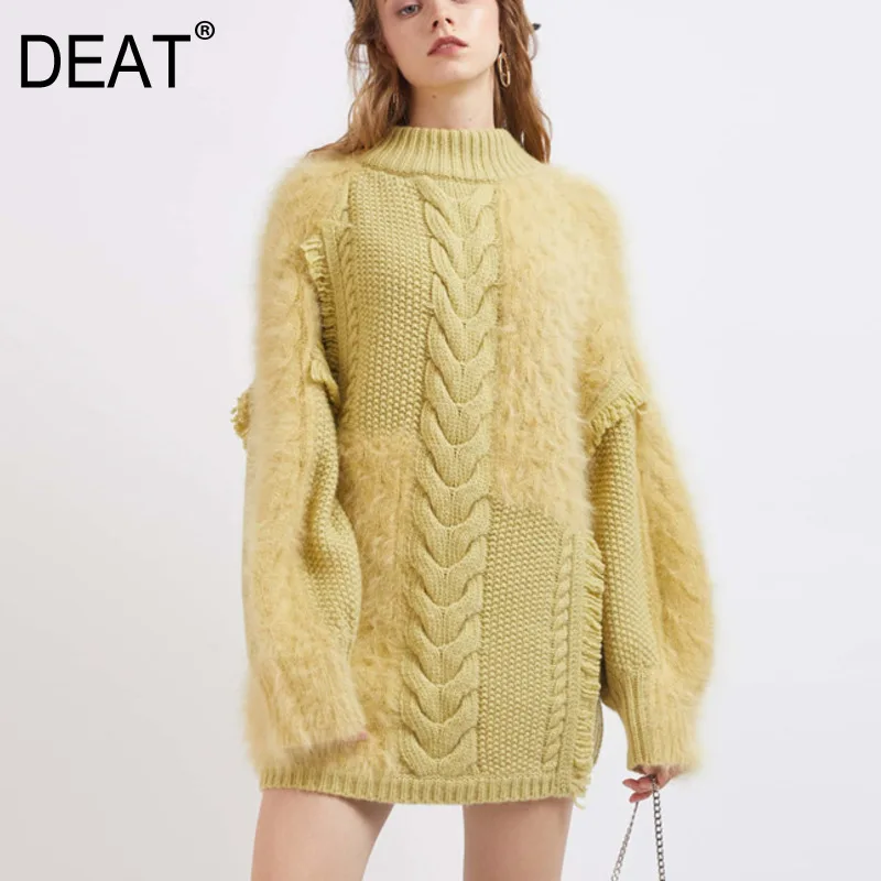 DEAT Solid Color Round Neck Long Sleeve Stitching Edging Hook Flower Knit Woman Sweater Casual Fashion Autumn New TV650