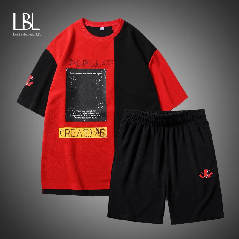 

Hip-hop Casual Fashion T-shirt Male Cotton Short Sleeve Patchwork Fitness Tee Men Summer Suit Sets Streetwear Harajuku T shirt