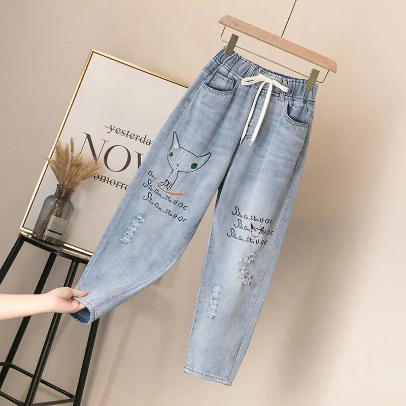 Embroidered Jeans Women Loose Straight Elastic Waist Retro Art High Waist Trousers Spring and Autumn Cropped Trousers