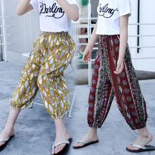 Новые летние повседневные свободные хлопковые штаны-фонарики в Корейском стиле с цветочным принтом для девочек и мальчиков, 19