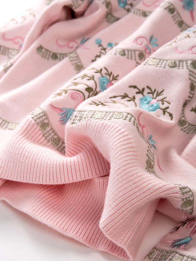 Truevoker Female Jumper Autumn Pink Designer Knitting Sweater Women's Long Sleeve Floral Embroidery Boutique Knitted Pullover