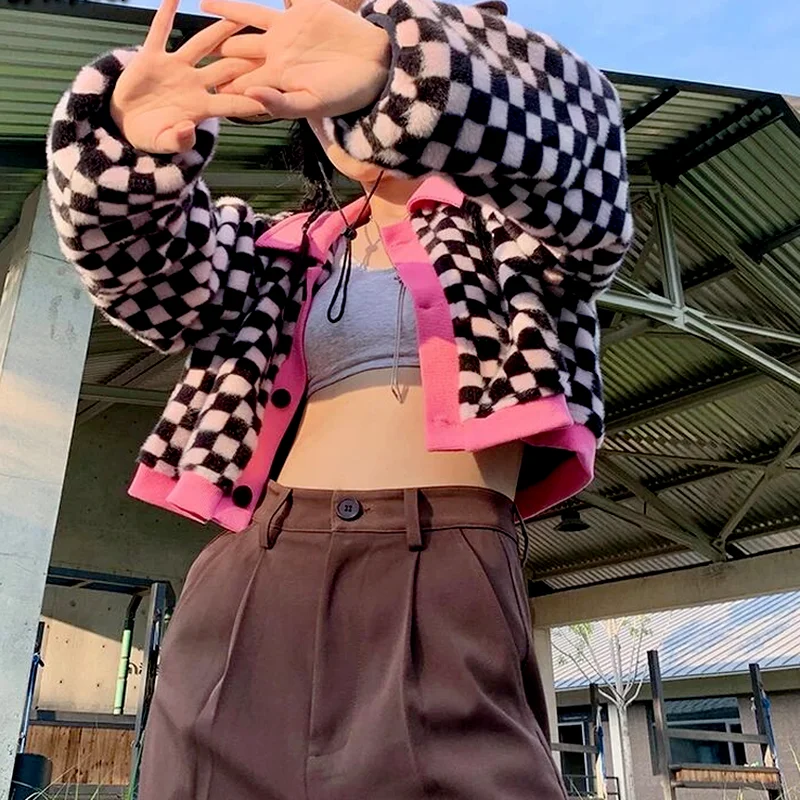 

Korean Fashion Y2k Tops Harajuku Checkerboard Sweater Autumn New Cropped Cardigan Women Contrast Color Knitwear Streetwear