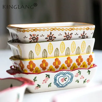 

1PCS KINGLANG Flower Rectangular Baking Bowl Oven Ceramics Cheese Risotto Dish Plate