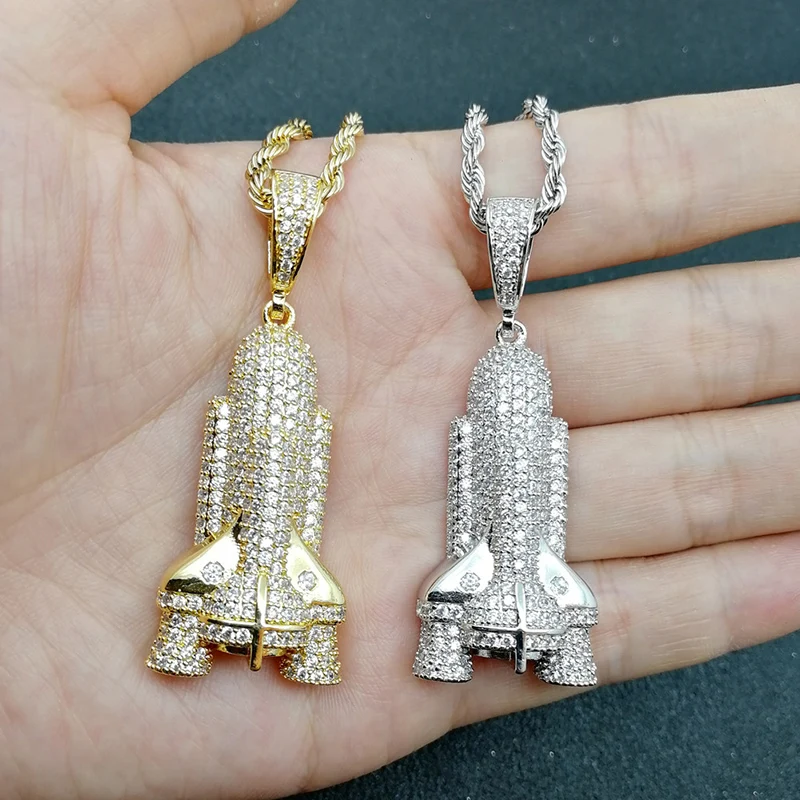 Хип-хоп AAA циркониевый камень CZ проложили Bling Iced Out ракета космический корабль Подвески ожерелье для мужчин рэппер ювелирные изделия Золото Серебро Цвет