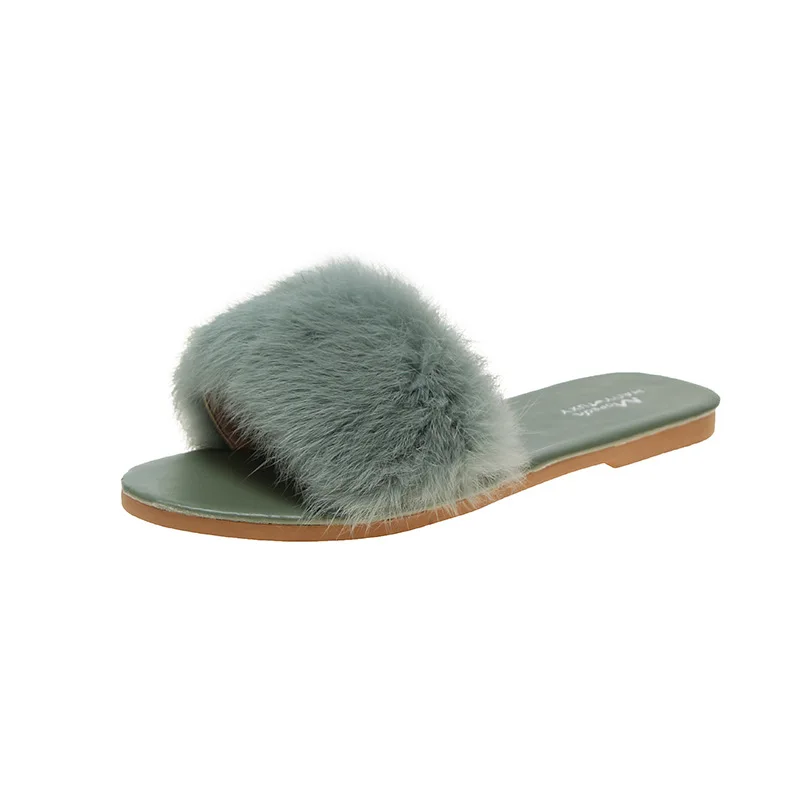 Slippers Female Flat Wear Outside Girl Heart Autumn and Winter New Color Rabbit Hair Home Non-slip Slippers - Цвет: Green