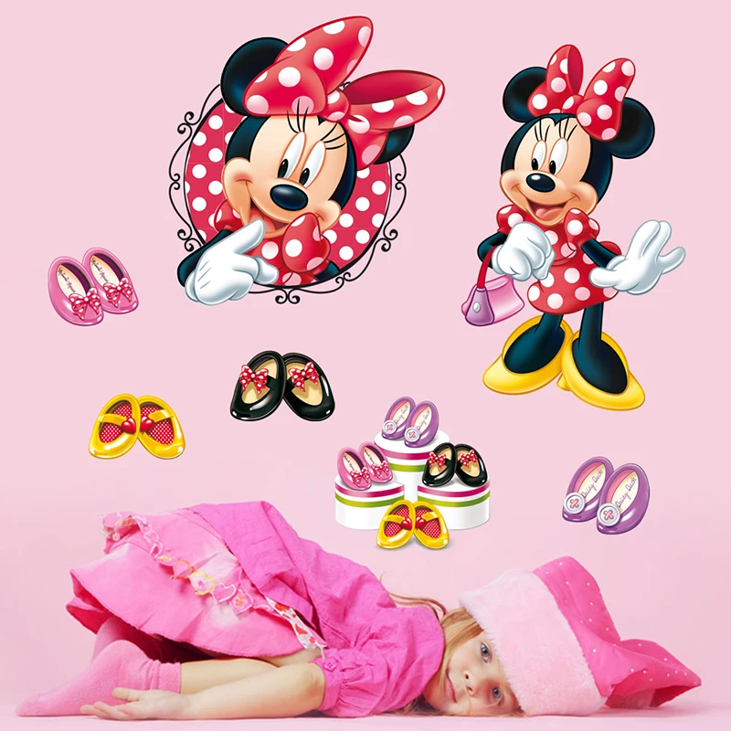 Cartoon Disney Fashion Minnie Bow-Knot Wall Stickers For Nursery Kids Room Home Decor Bedroom Wall PVC Mural Art DIY Wallpaper