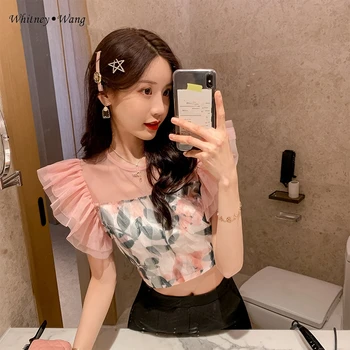 

WHITNEY WANG Blouses 2020 Summer Fashion Streetwear Florals Printed Mesh Ruffles Patchwork Blouse Women Blusas Lady Shirt Top