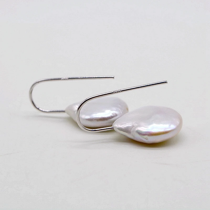 Short pearl earrings. Natural white coin baroque pearl. 925 sterling silver hook. Women's pearl earrings, simple style