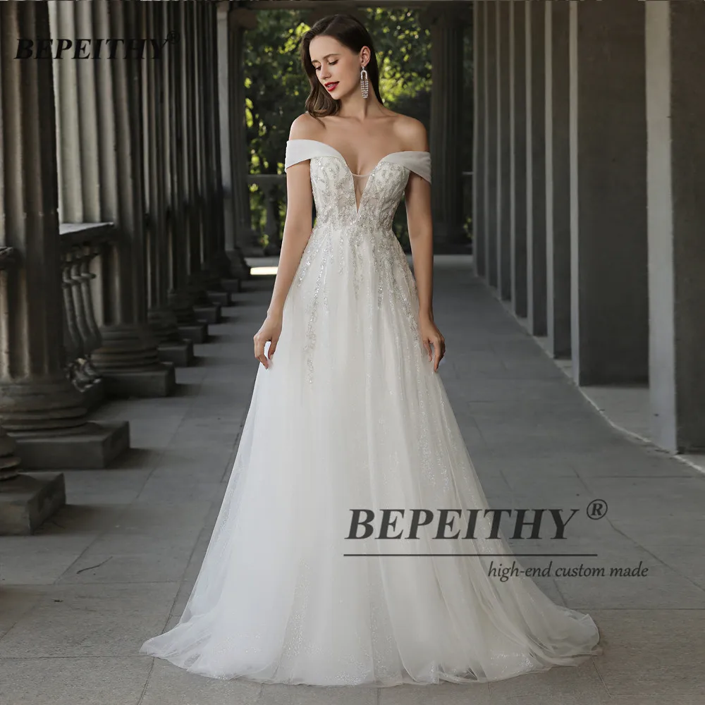 Wedding Dresses BEPEITHYOff The Shoulder Boho Wedding Dress For Women Bride A Line Chic Beading Bohemian Bridal Beach Gown Robes