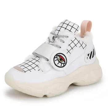 

New Fashion Genuine Leather White Women's Shoes 2019 Autumn Winter Thick Bottom with Plush Sports Color Matching Casual Shoes