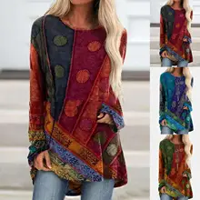 

Sleeve Women Long Sleeve Ethnic Print Blouse Plus Size Solid Shirt Casual O Neck Retro Thin Female Tunic Womens Tops Blouses