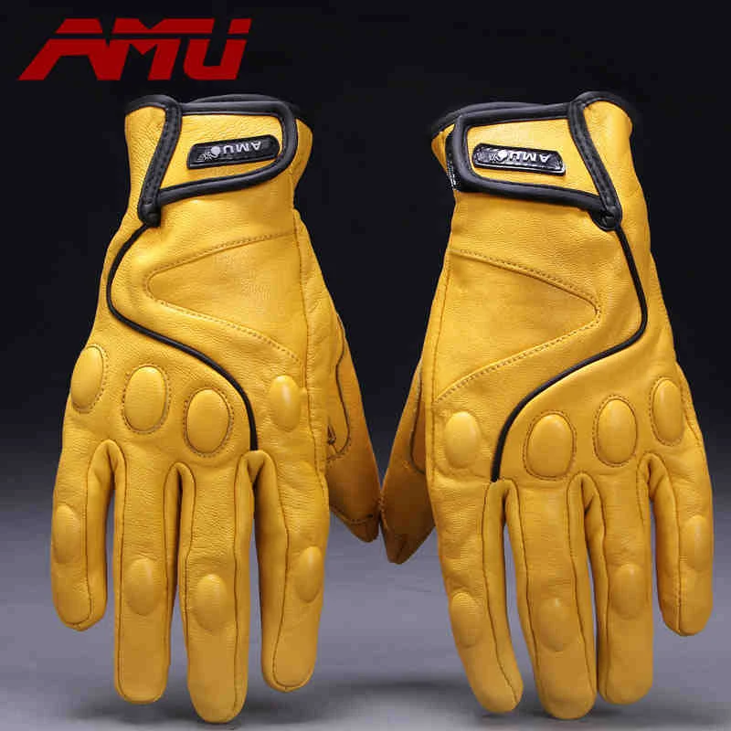 yellow Перчатки для мотоцикла Guantes AMU, перчатки из натуральной кожи, бейсбольные перчатки, мотоциклетные перчатки для электрического велосипеда, перчатки для мотоцикла - Цвет: yellow