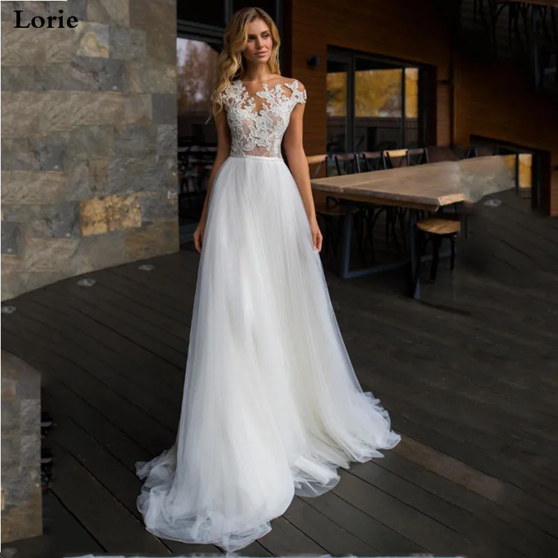 #Special Offers LORIE Strand Trouwjurk Kant Scoop A-lijn Geappliceerd Tulle Floor Lengte Vintage Bridal Dress 2019 Boho Trouwjurk
