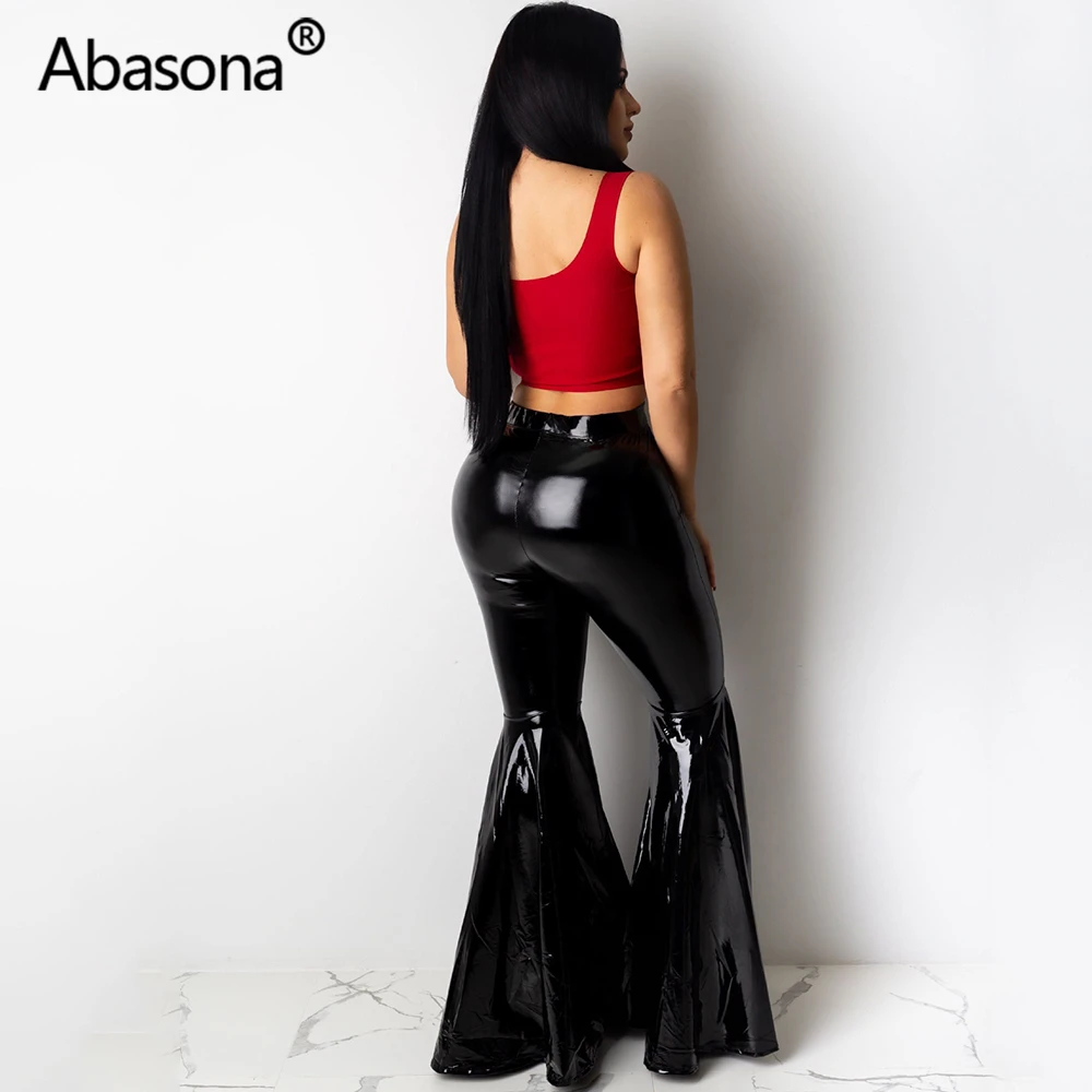 Abasona, женские зимние осенние уличные штаны из искусственной кожи, модные длинные штаны для ночного клуба, атласные Сексуальные облегающие Широкие штаны