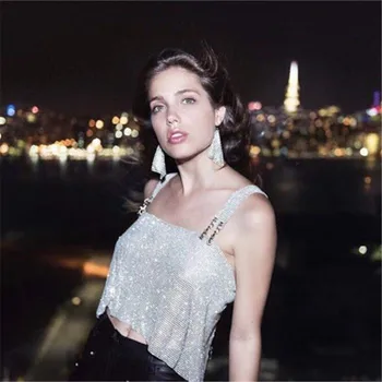 

Luxury Rhinestone Camisole Women Sleeveless Summer Fashion Tank Top Sparkly Sexy Streetwear Metal Sequin Club Party Crop Top