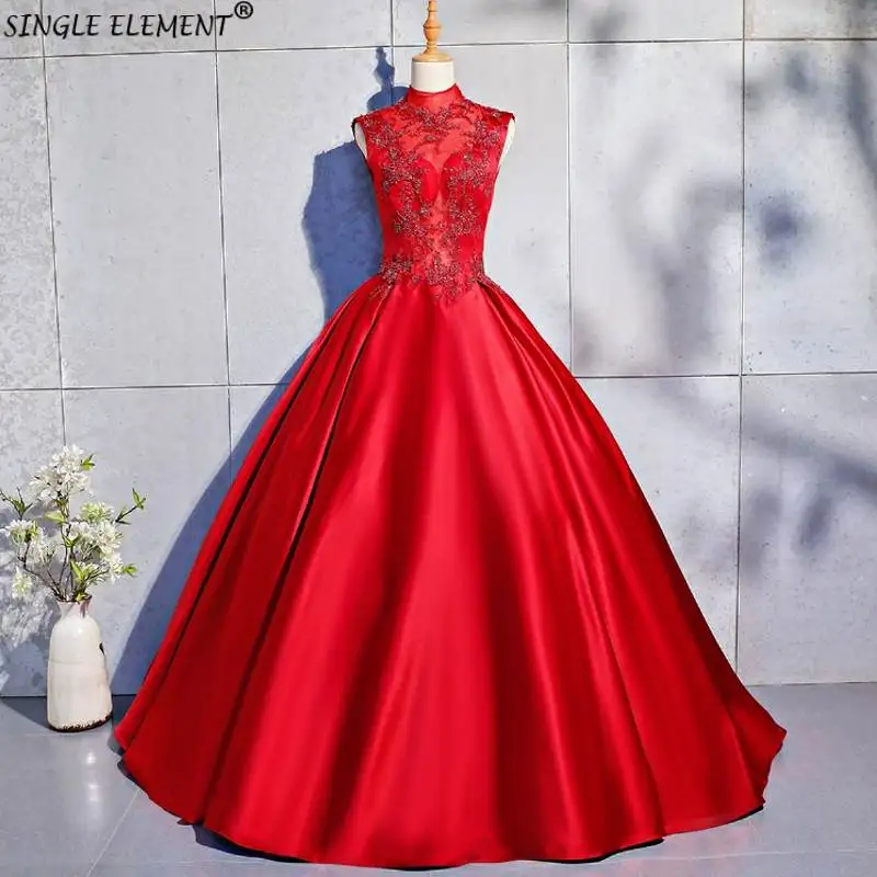 Один элемент красного атласа с высоким вырезом сладкий Vestido De 15 Anos De Quinceanera платья