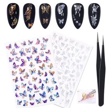 

2pcs Holographics 3D Laser Silver Gold Butterfly Nail Stickers With Tweezer Set Nail Decals DIY Slider For Nail Art Decoration