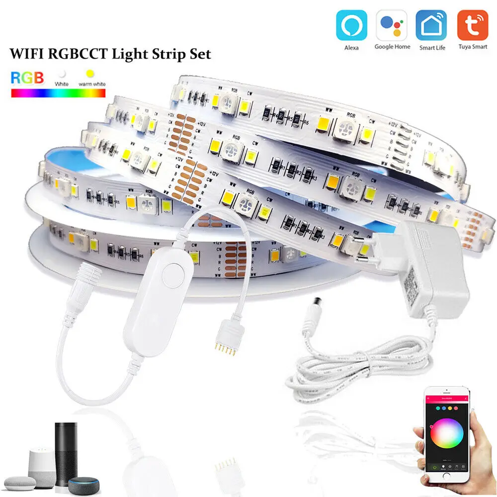 TUYA Smart life APP Wifi RGBCW mini Controller 1-5M DC12V 5050 RGB+CCT 90leds/m LED Strip Light +Power Kit For Alexa Google Home