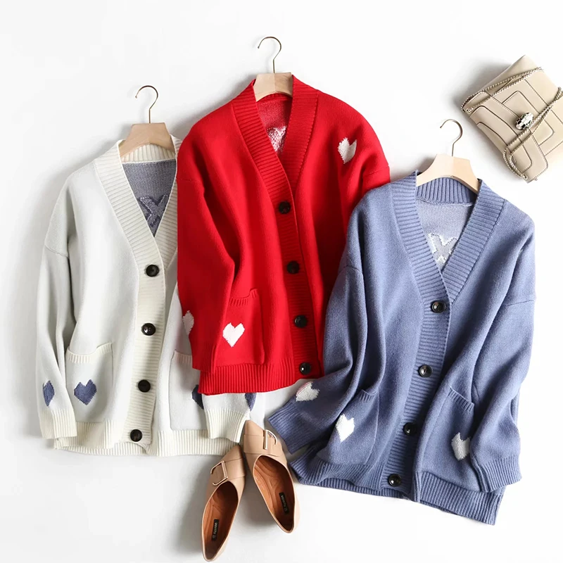 Chic Single Breasted Sweet Heart Print Blue Cardigans Jumpers 2019 Autumn-Winter Women Red Sweater For Cute Girl Lovely Knitted |