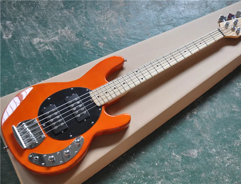 

5-String Bass Guitar,Orange Color Body with 2 Open Pickups,Maple Fingerboard and Neck,can be Customized