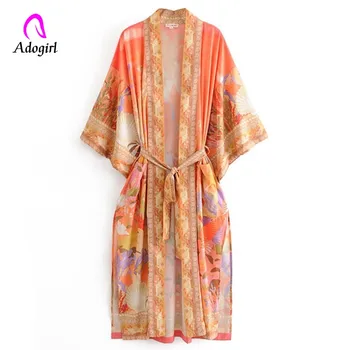 

Chiffon Women Shirt Dress 2020 Boho Orange Mermaid Flower Print Long Kimono Shirt Ethnic Lacing Up Cardigan Loose Blouse Tops