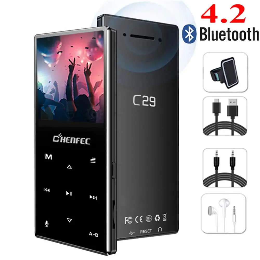Черный MP3-плеер Bluetooth 4,2 Bulit-in динамик Сенсорная кнопка 16 Гб без потерь Музыкальный плеер с fm-радио, поддержка sd-карты до 128 ГБ - Цвет: Черный