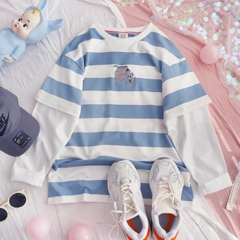 

Women Splice Fake two-piece Striped Long sleeve Blouse Spring Japanese Small fresh Soft Sister Loose Shirt Wild Tops