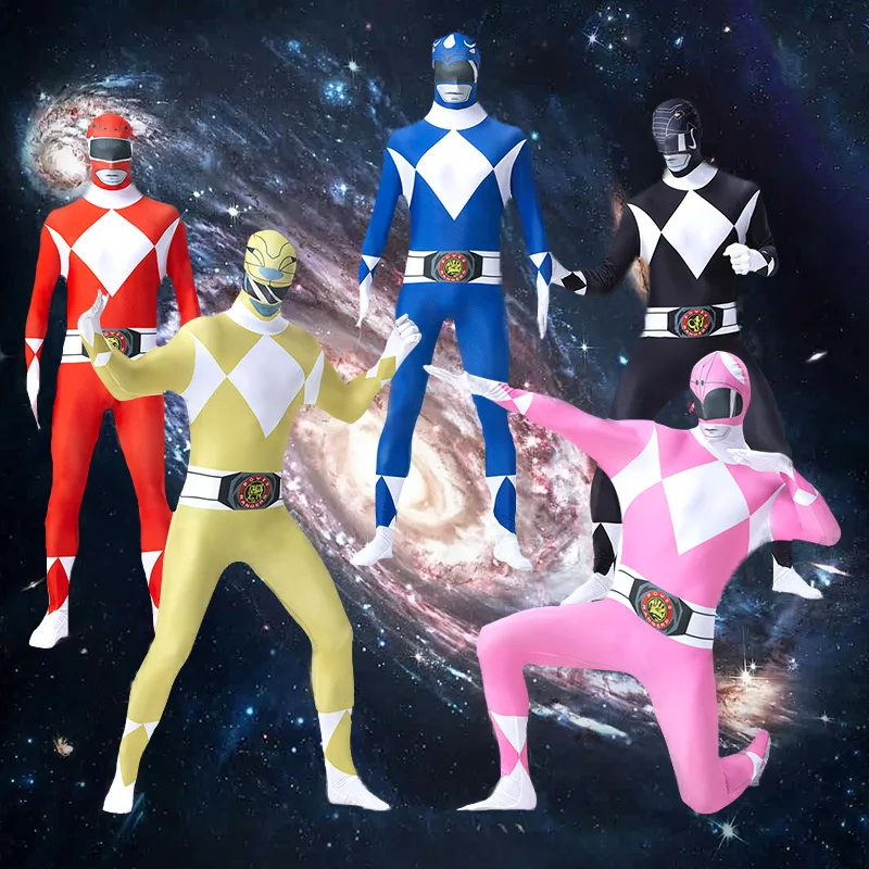 

Adults Cosplay Costume Skinny Jumpsuit Mens Power Ranger Dinosaurs Team Halloween Performance Show Anime Role Play