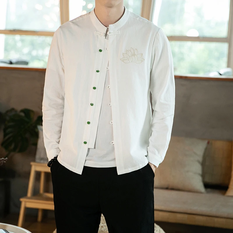 Bonjean/льняная рубашка с длинными рукавами в китайском стиле, с вертикальным воротником, с вышивкой, мужские рубашки с цветами, harujuku, рубашка