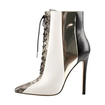 

Onlymaker Women's Pointed Toe 12CM Snake Patchwork Ankle Booties Lace Up High Heel Side Zipper Dress Party Working Boots