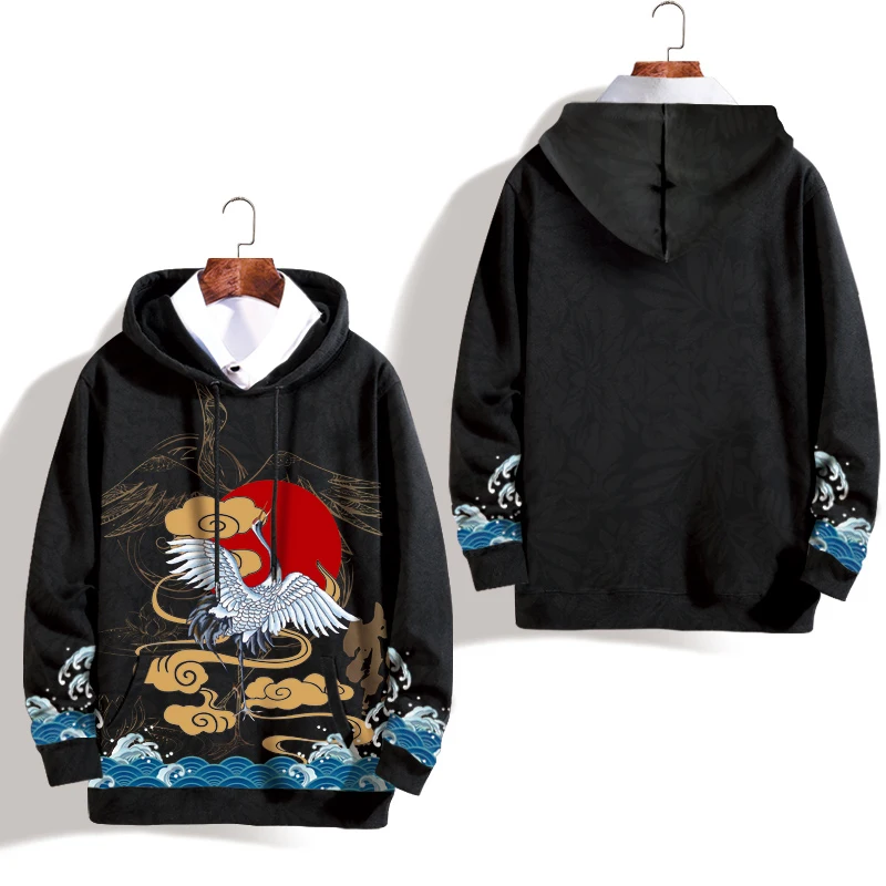 Hoodies thin Осень Зима Harajuku Japaneser кран печатных толстовки мужские повседневные свободные негабаритных 5XL Толстовка с капюшоном трендовые карманы плюс бархат - Цвет: Hoodies thin
