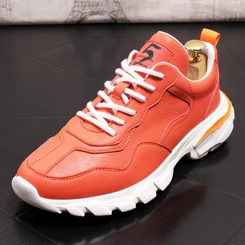 

Young Men's Fashion Sports Shoes Casual Men's White Red Lace Up Chunky Sneakers Luxury Brand Genuine Leather Men Loafers