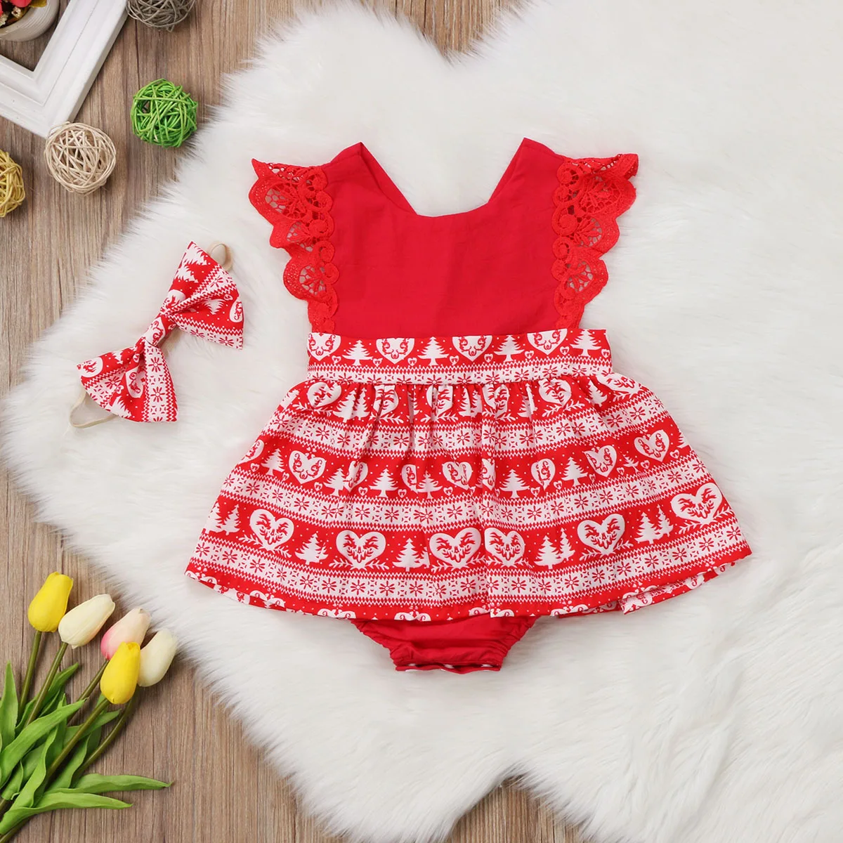 Emmababy Семейные рождественские наряды детское кружевное платье-комбинезон для маленьких девочек праздничные платья