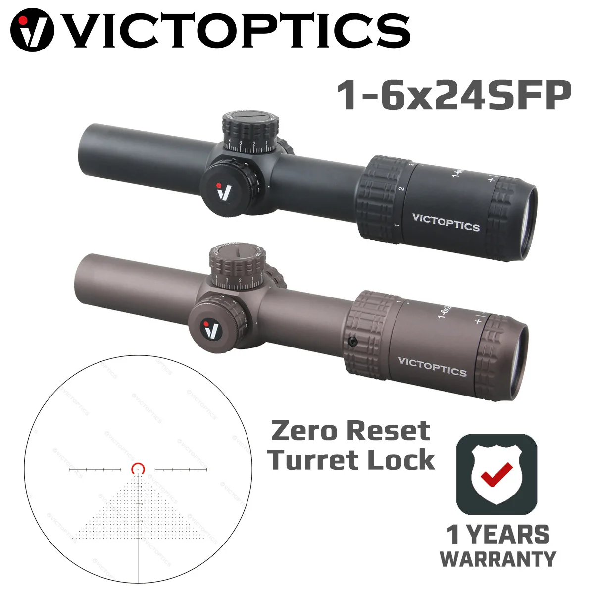 Victoptics agn 1-6x24sfp rifle escopo visão 5 nível de iluminação torreta bloqueio re-definir zero sistema para airsoft rimfire. 177 .223 5.56