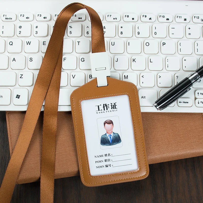 Кожаный ID/IC рабочий держатель для карт, набор шнурков, используется для офисных принадлежностей компании, имя работника, бейдж защита - Цвет: ZPKT-3-6722-R