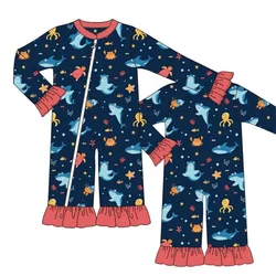 Barboteuse à manches longues pour fille, vêtements d'automne, bleu marine, avec poignets en dentelle rouge, imprimé poulpe de requin et crabe 