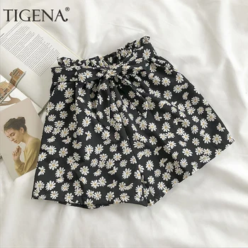 

TIGENA Cute Bow Belt Daisy Print Shorts Women 2020 Summer Korean Elastic High Waist Shorts Female Casual Short Pants Women