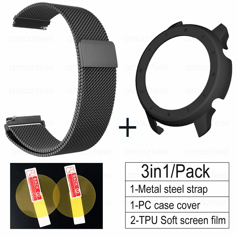 black-black 3в1 Для Amazfit GTR 47 мм чехол на ремне защитная пленка из нержавеющей стали магнитный браслет для Amazfit gtr 47 мм 42 мм ремешок для часов чехол - Цвет: black-black