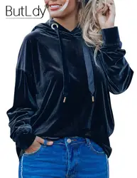 Золотые бархатные свободные темно-синие толстовки женские однотонные пуловеры с длинным рукавом женские толстовки с капюшоном 2019 Новый