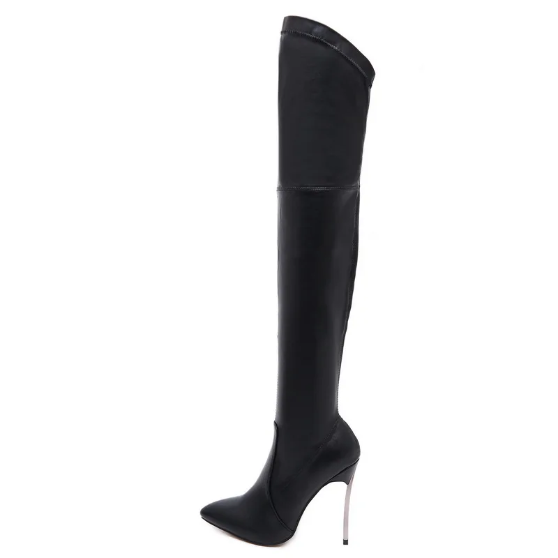 Black PU Women Boots Сапоги выше колена на очень высоком каблуке; женские сапоги на шпильке; г. Узкие эластичные сапоги до колена; большие размеры 42-43 - Цвет: Black PU Women Boots