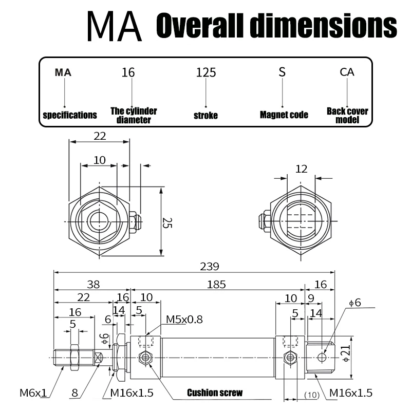 Нержавеющая сталь мини цилиндр MA16* 25x50-75 круглый 100 с магнитной 125 Малый 150 толкатель - Цвет: 125mm Stroke