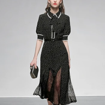 

Seifrmann Summer Fashion Runway Dress Ladies Chiffon Lantern Sleeve Bow Lace Sashes Bohemian Women Slim Midi Dresses Vestoidos