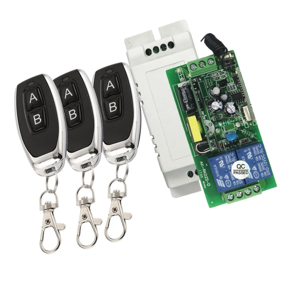 433MHz Wireless Remote Control Switch AC 85-250V 2 CH Relay Receiver Module + 3 RF  For Garage Door Openers, Cars, LED Lights