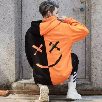 

Cool 2019 Korean Men Hoodies Japanese Man Casual Autumn Sweatshirts Patchwork Hip Hop Hoodie Streetwear Smiles Print Hoodie Male